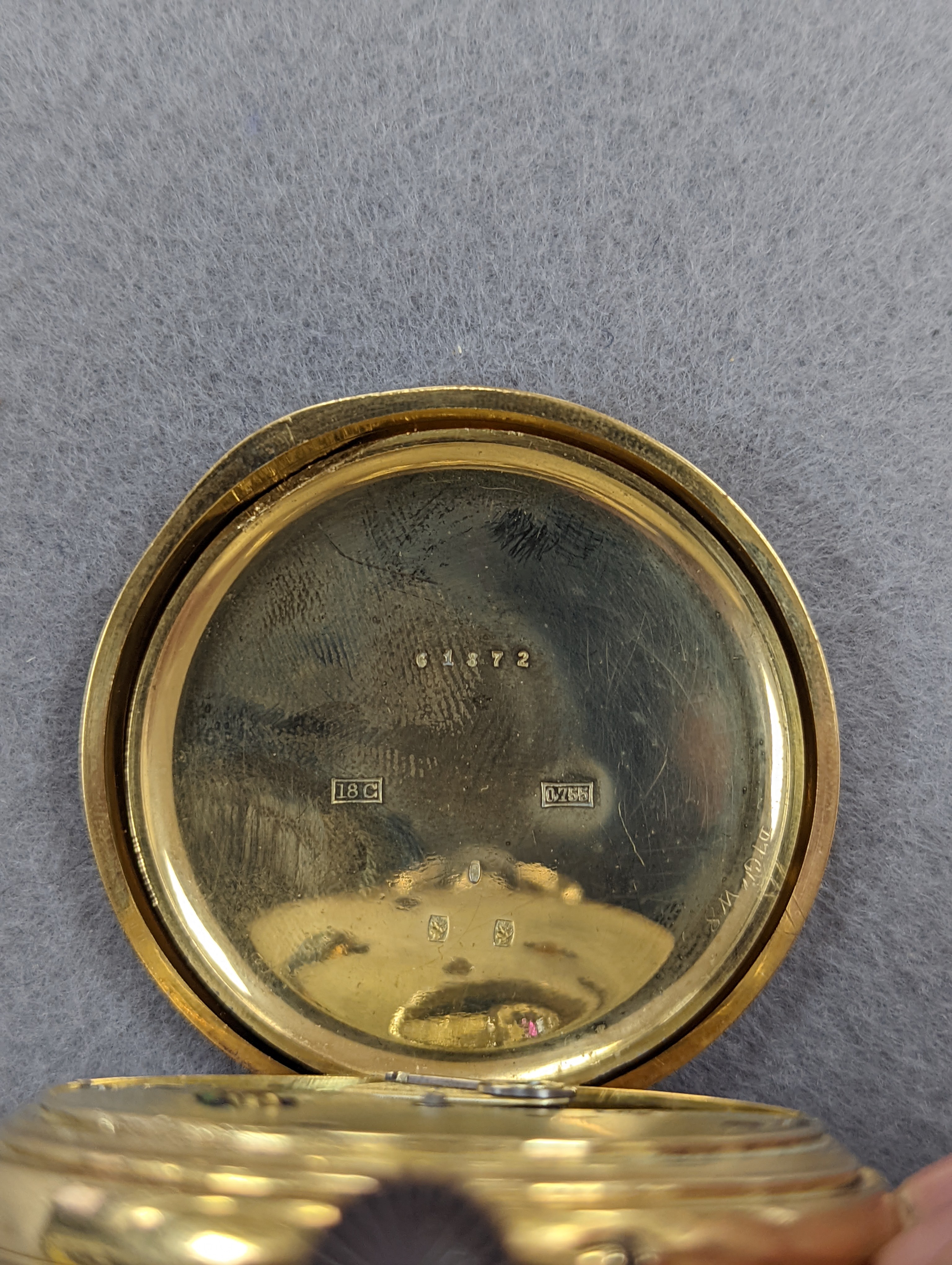 A Swiss 18k yellow metal keyless hunter pocket watch, with Roman dial and subsidiary seconds, case diameter 52mm, gross 121.8 grams, in fitted case.